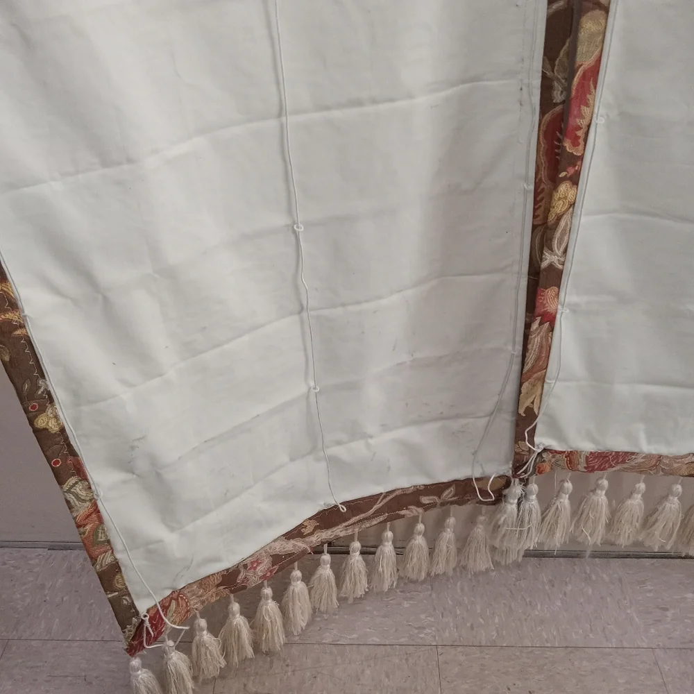 Unique French Art Curtains Oval/ Arch Cut, Tassels, Drawstring Attached to wood